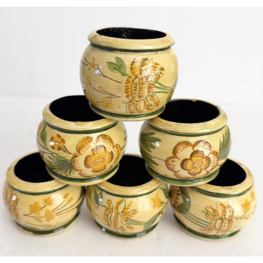 Set of 6 Vintage Wood Napkin Rings Folk Art Floral Hand Painted Boho Cottagecore